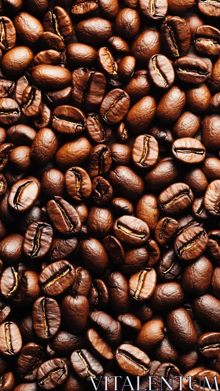 Roasted coffee beans in tight overhead macro view.