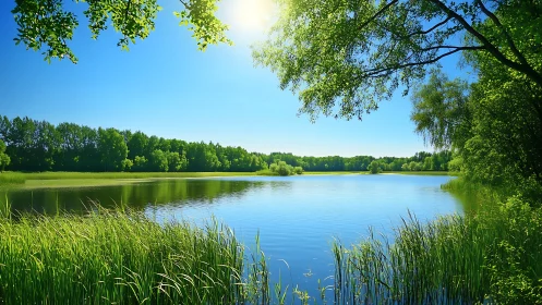 Sunny summer lake reflects dense green forest edge clearly