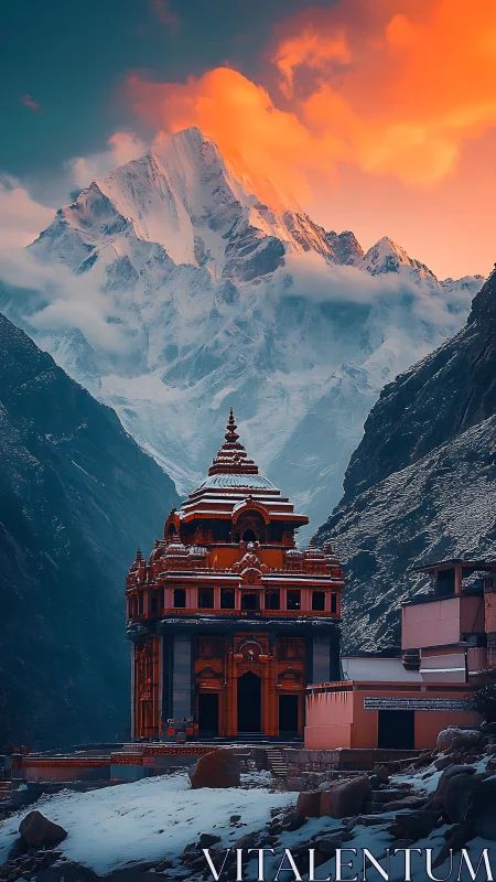 Himalayan temple stands serene beneath blazing sunset peaks