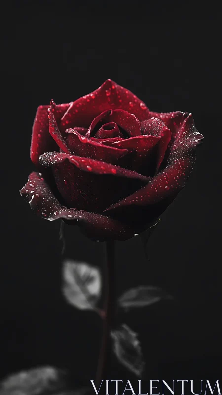 Velvet red rose in moody light with shimmering raindrops.