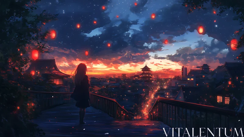 Girl watches lanterns over twilight city from hillside deck