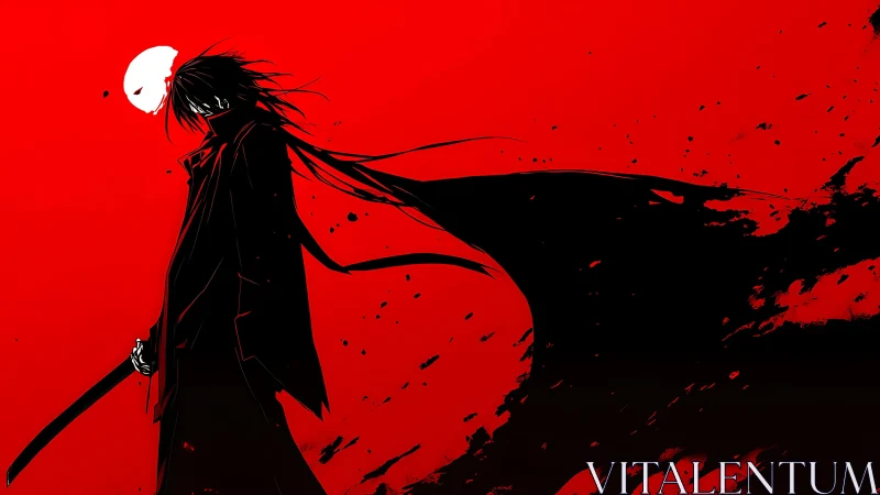 Silhouetted swordsman stands before flat red abstract field