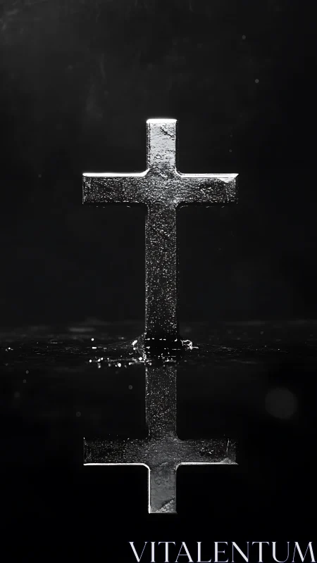 Silver metal cross with stark reflection on black background.