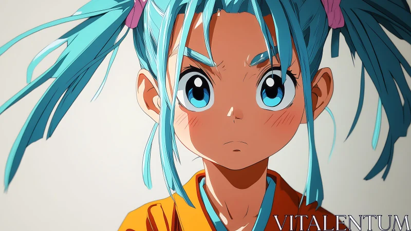 Blue-haired anime girl stares ahead with fierce resolve