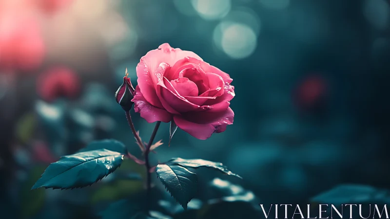 Pink Rose with Dew in Dark Teal Garden Setting