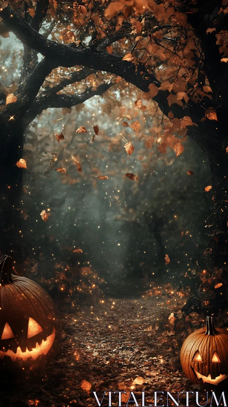 Luminescent jack o&rsquo;lantern corridor within autumnal forest tunnel.