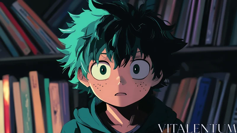 Anime boy in library with dramatic rim lighting and cel shading