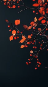 Red berries and autumn leaves on dark minimalist background.