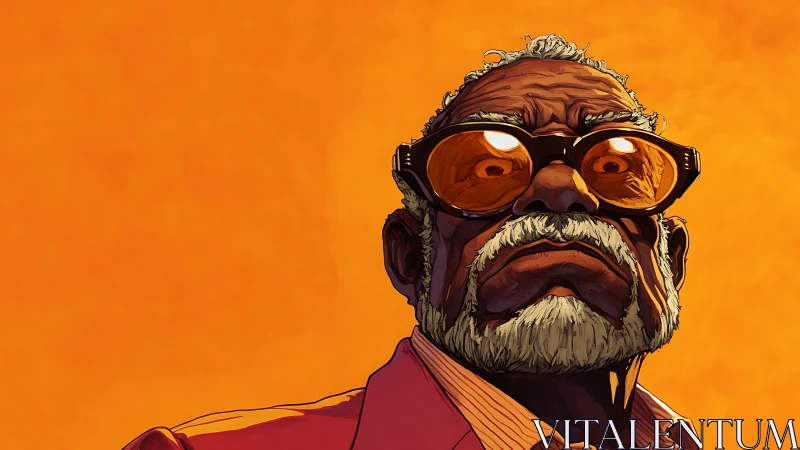 Stylized portrait of older man in orange-tinted glasses.