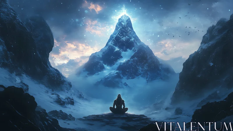 Meditative silhouette before glowing alpine spire at twilight