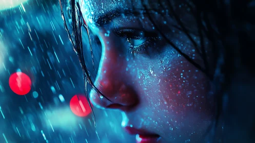 Neon rain portrait in close-up cinematic cyberpunk profile.