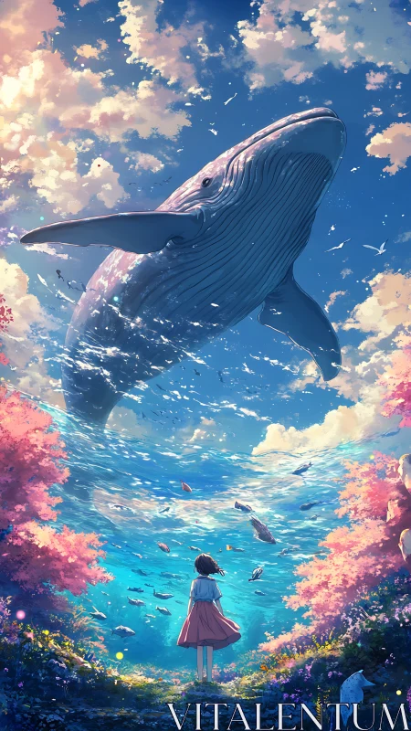 Girl observes suspended ocean with large whale overhead
