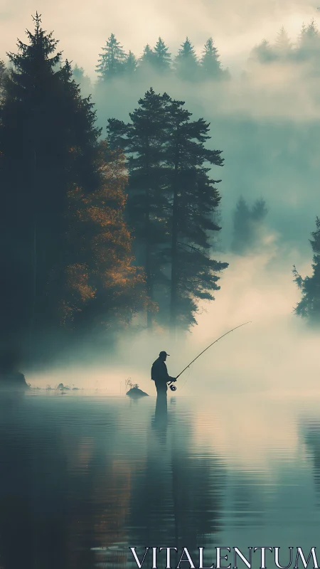 Lone fisherman stands in misty forest lake at sunrise