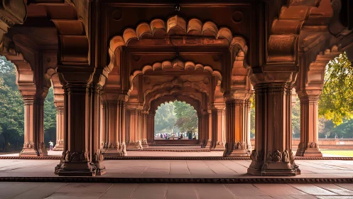 Sunlit Mughal colonnade stretches into a tranquil garden vista.