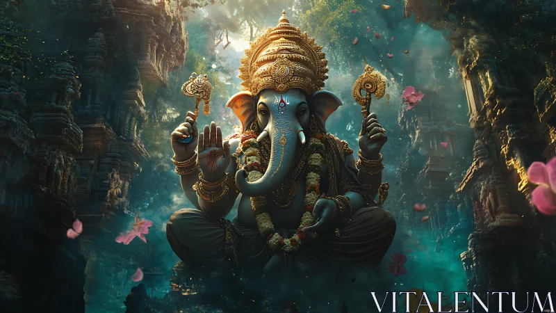 Jungle mist crowns Ganesha in luminous temple serenity