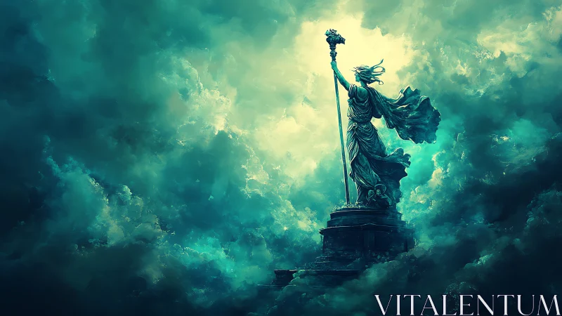 Stormlit liberty statue rising through teal clouds.