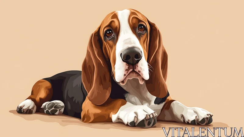 Tri-color basset hound in side pose on neutral ground.
