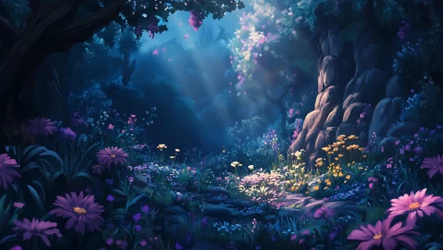 Enchanted forest clearing with glowing wildflower meadow.