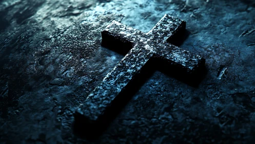 Stone cross lies on textured surface under directional light
