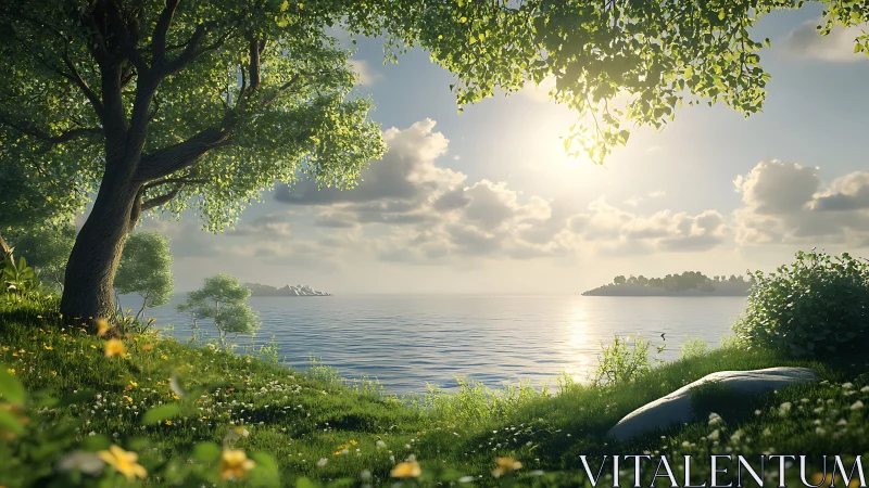 Photorealistic lakeside grove with luminous backlit foliage.