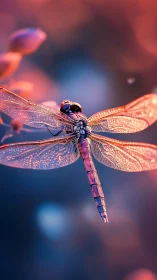 Luminous dragonfly hovers in dreamy pink and blue twilight