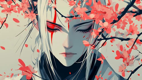 Monochrome warrior portrait intersected by saturated cherry blossoms