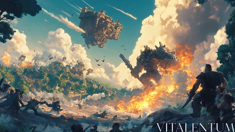 Armored mech confrontation near fortified valley settlement.