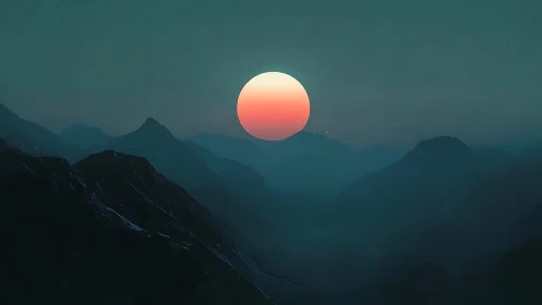 Neon sun suspended above misty teal mountain range.