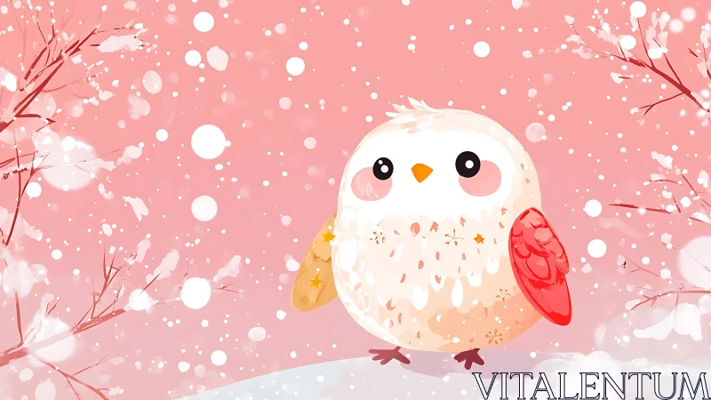Round stylized owl stands on snowy ground in pink snowfall