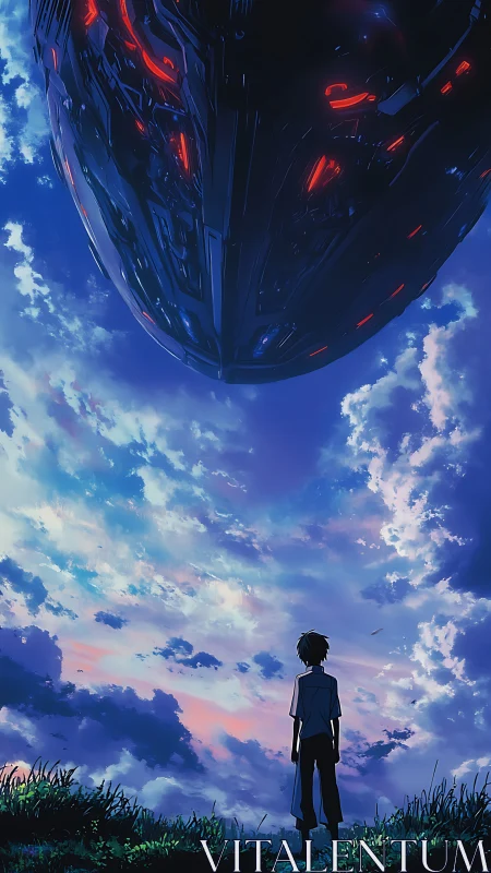 Boy stands under looming alien ship in dramatic sky.