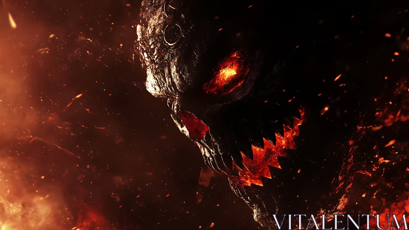 Molten demon visage emerging from blazing darkness.