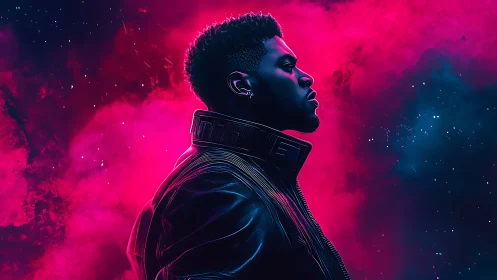 Neon-illuminated profile portrait in chromatic cosmic vapor.