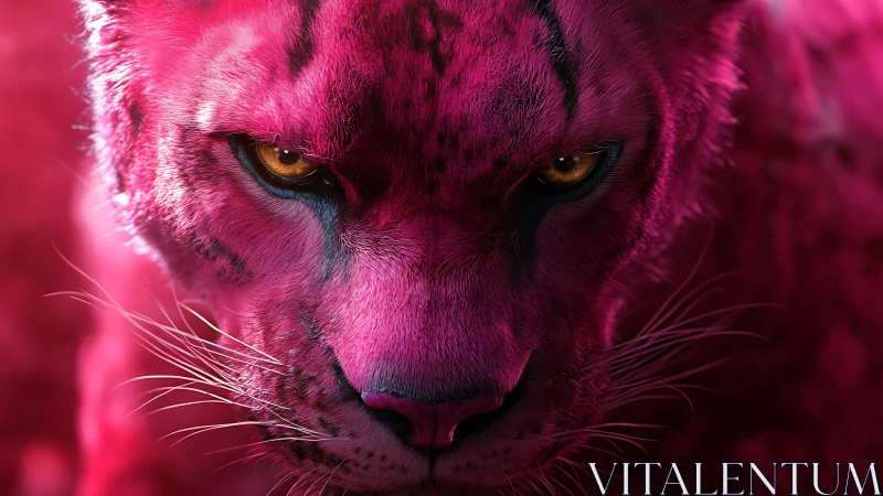Magenta-toned feline portrait with amber eye contact.