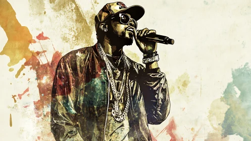 Digital portrait of hip hop singer with bold splatter background.