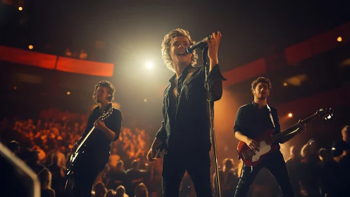 Rock band ignites a concert stage under warm golden lights.