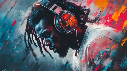 Digital portrait of man with headphones in neon colors.