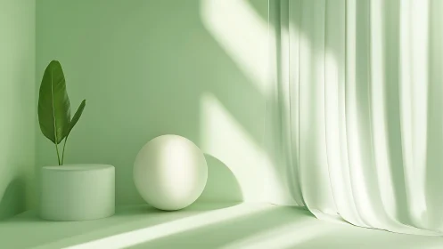 Monochrome green interior with cylinder, sphere and curtain