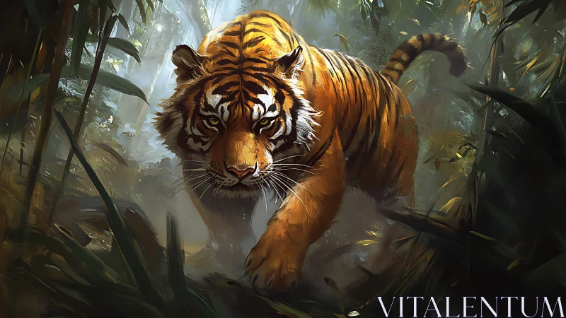 Digital painting shows tiger advancing through dense foliage