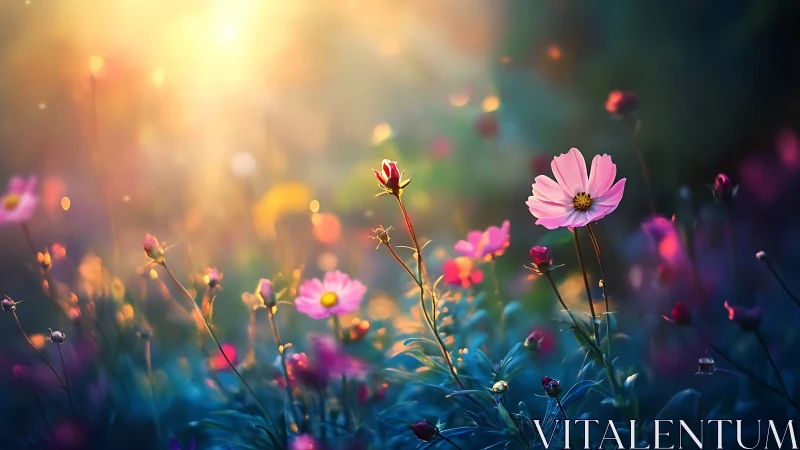 Glowing Cosmos Blossoms in Golden Twilight.