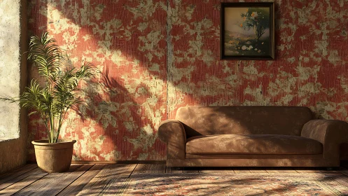 Sunlit vintage sofa rests against textured red wall