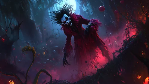 Digital horror painting of demonic harlequin in toxic swamp.