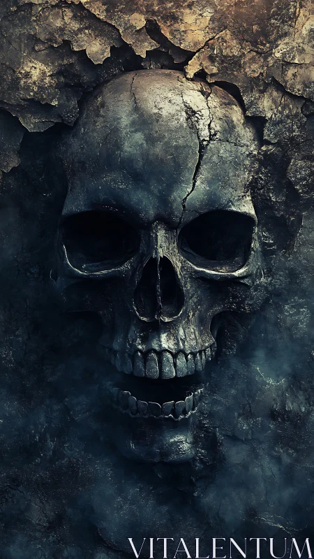 Weathered stone skull embedded in cracked dark wall.