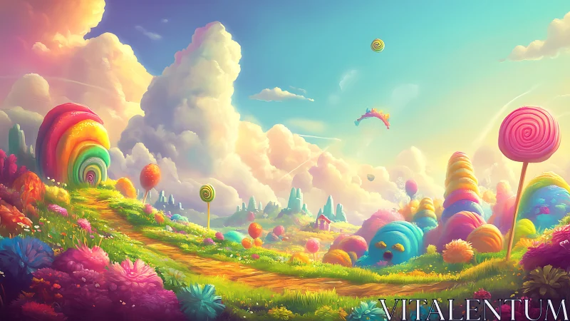 Surreal candy landscape with rainbow structures and giant lollipops