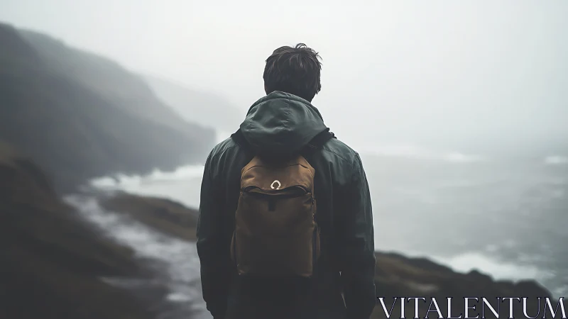 Backlit coastal hiker in fog-diffused atmospheric perspective.