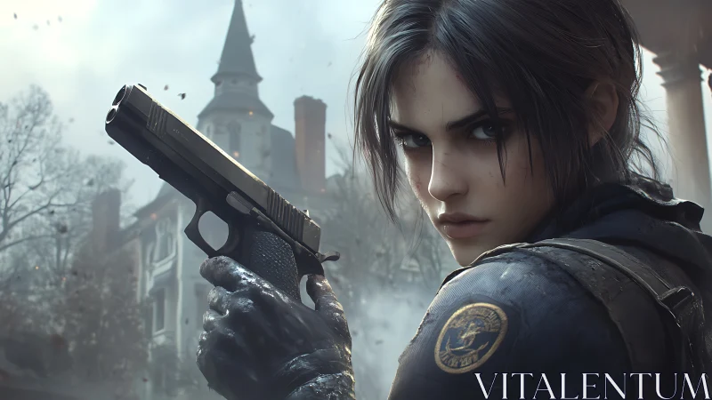 Determined young agent stands ready in a misty old town.