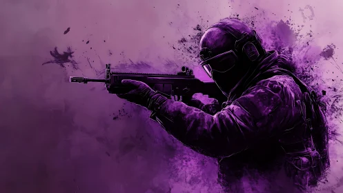 Tactical shooter silhouette with assault rifle on purple splatter