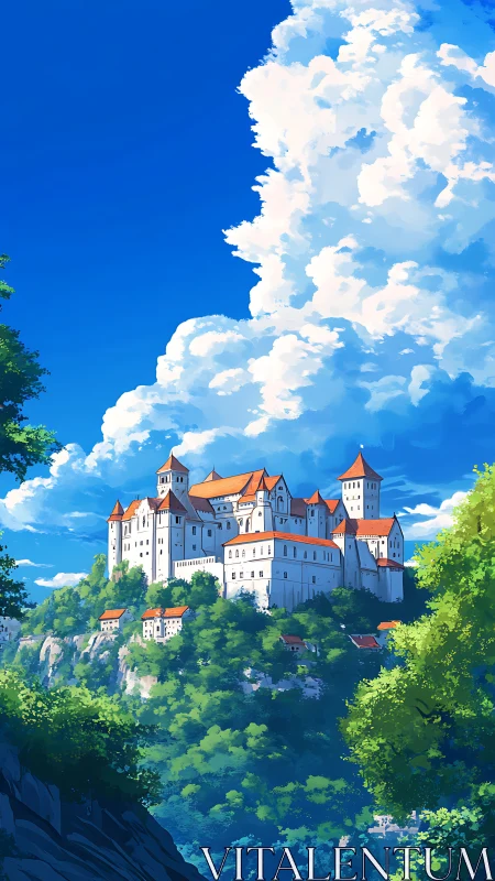 Hilltop fortress complex under dense cumulus cloud formation.