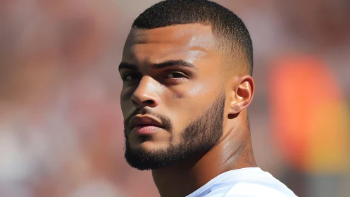 Focused athlete gazes into distance under warm stadium light
