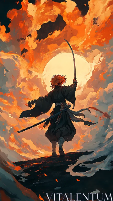 Lone ember samurai strides into a blazing celestial storm.