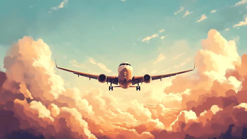 Passenger jet cuts through glowing sunset clouds overhead.